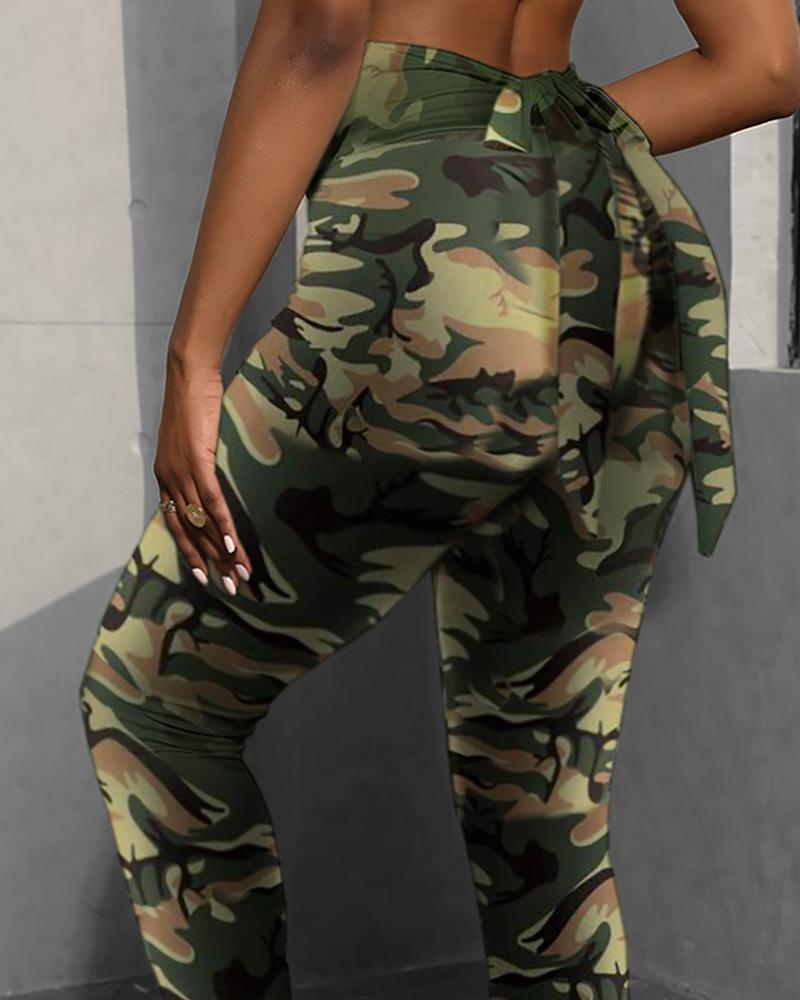 

Camouflage Print Bowknot Decor Active Pants, Camoflage