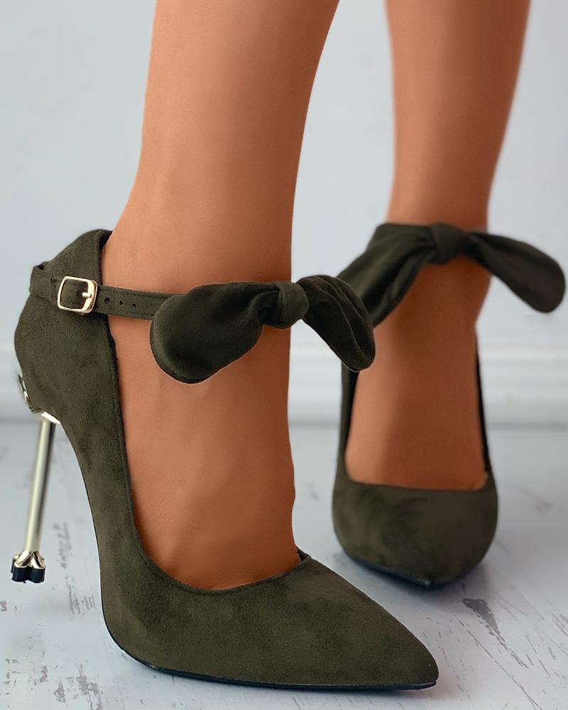 

Ankle Strap Knotted Suede Pointed Toe Pyramid Heels, Green