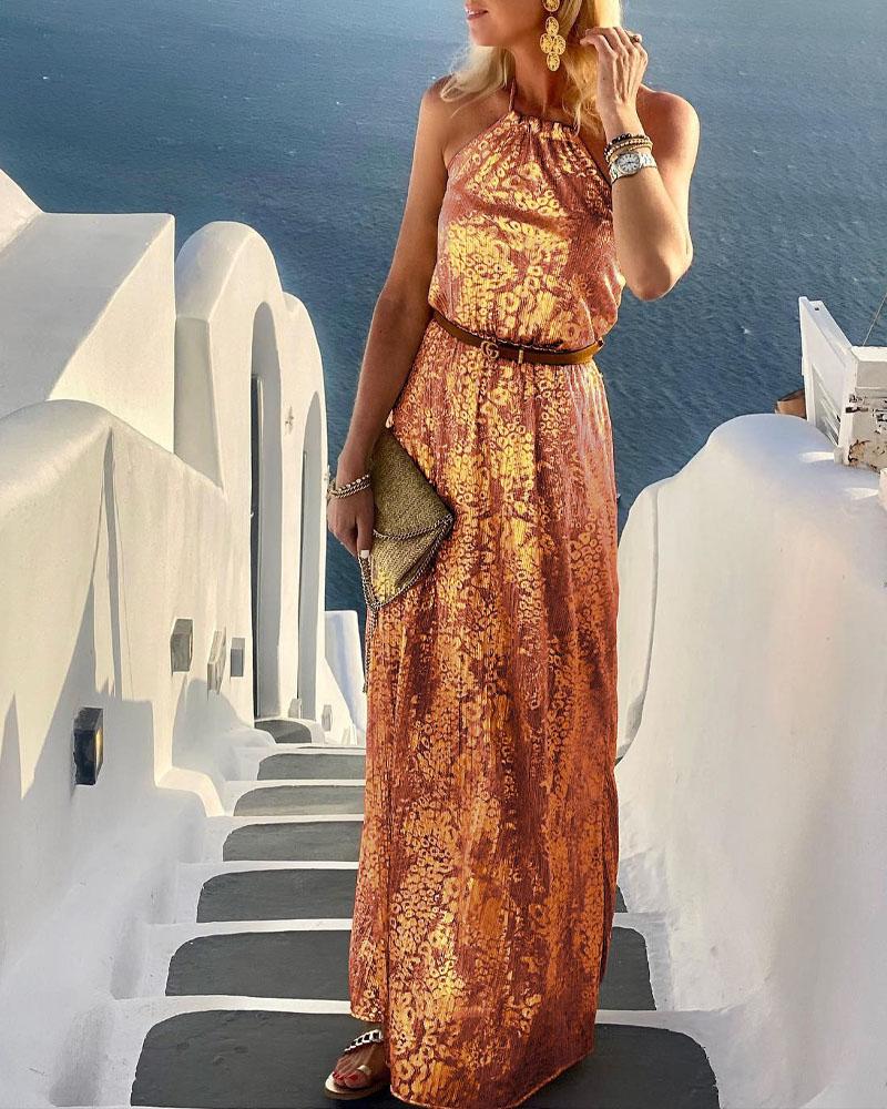 

Metallic Design Sleeveless Halter Maxi Dress, Orange