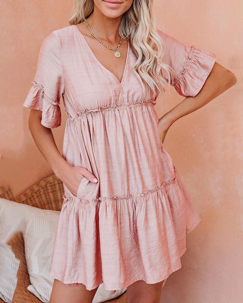 

Deep-V Open Back Ruffles Casual Dress, Pink