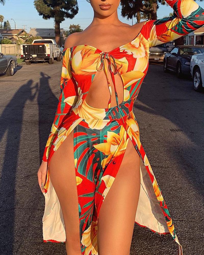 

Off Shoulder Floral Print Slit Maxi Dress, Orange