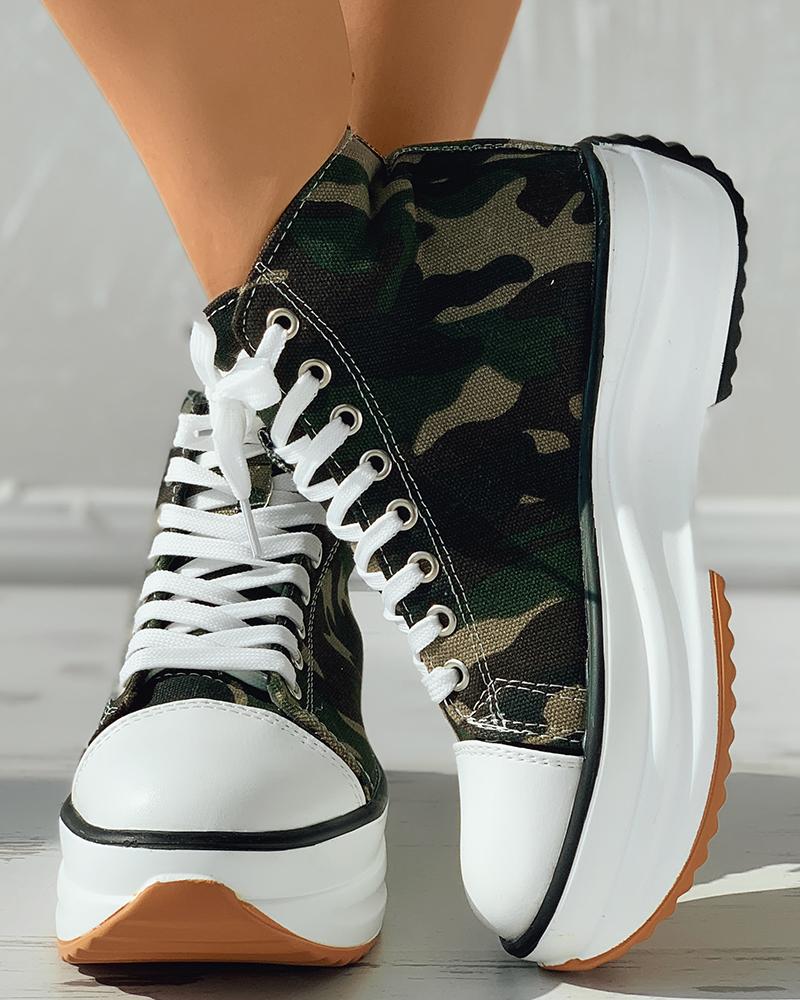 

Lace-up Front High Top Flatform Canvas Shoes, Camoflage