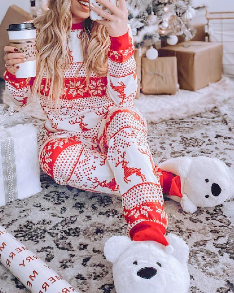 

Christmas Long Sleeve Deer Snowflake Print Pajamas Set, Red