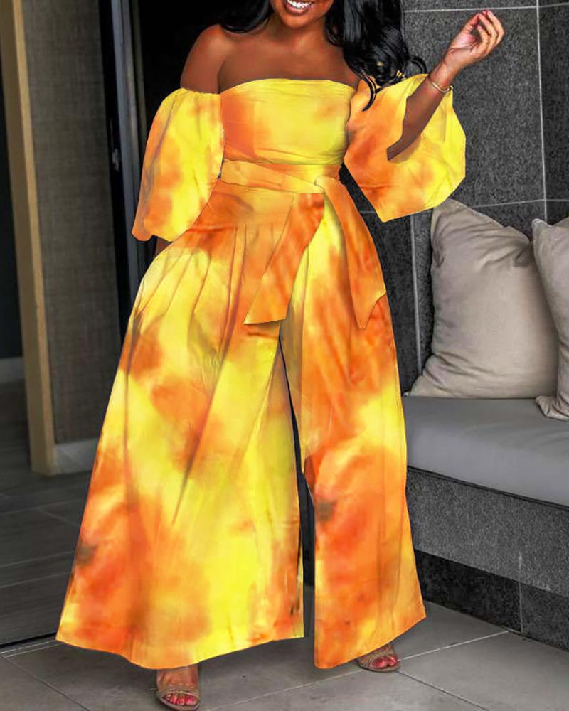 

Off Shoulder Lantern Sleeve Tie Dye Print Wide Leg Jumpsuit, Yellow