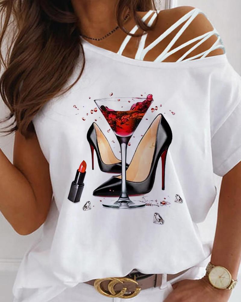 

Heels Graphic Print One Shoulder Lace-up T-shirt, White