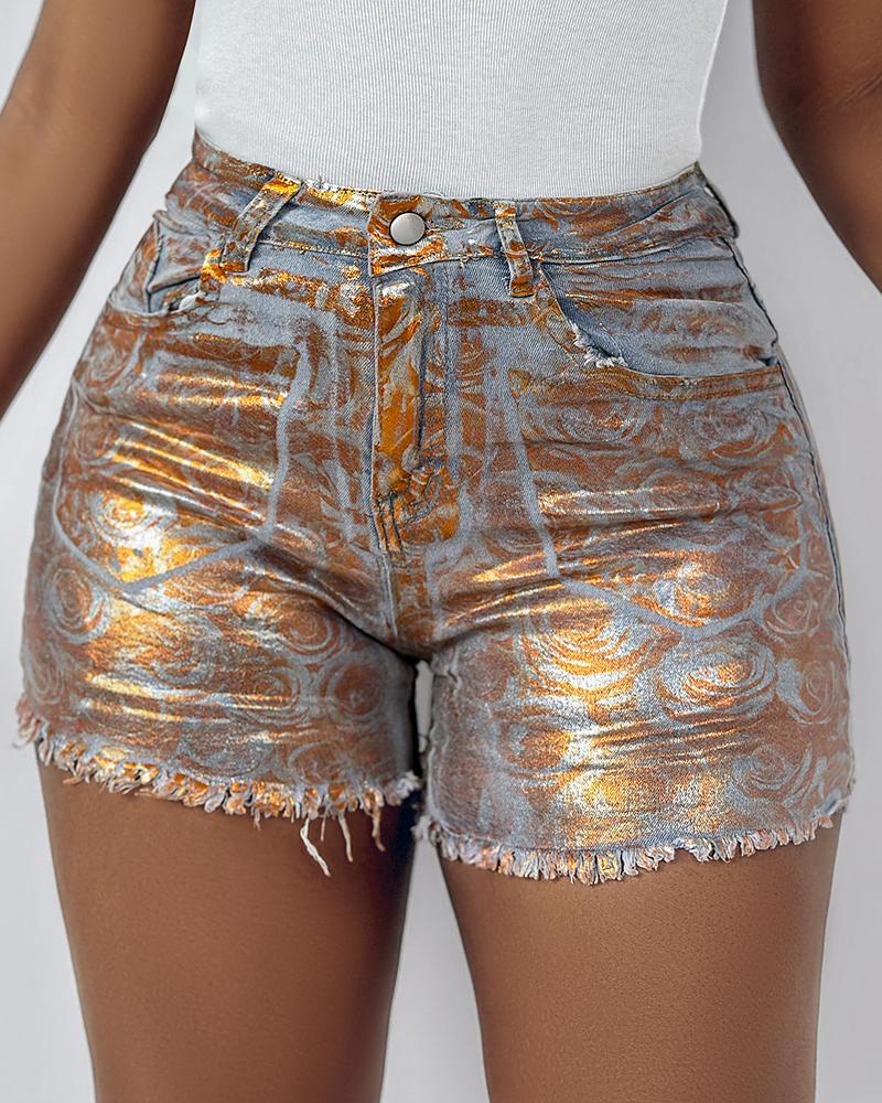 

Bronzing Rose Print Raw Hem Denim Shorts, Lighted blue