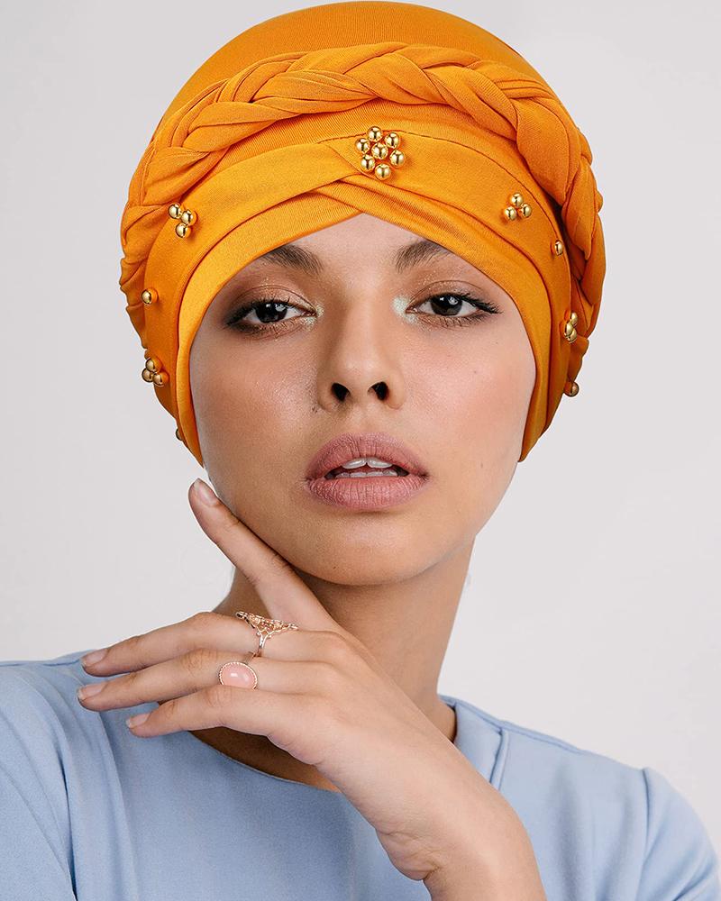 

Studded Headwrap Braided Turban Cap Beaded Beanie Hat, Yellow