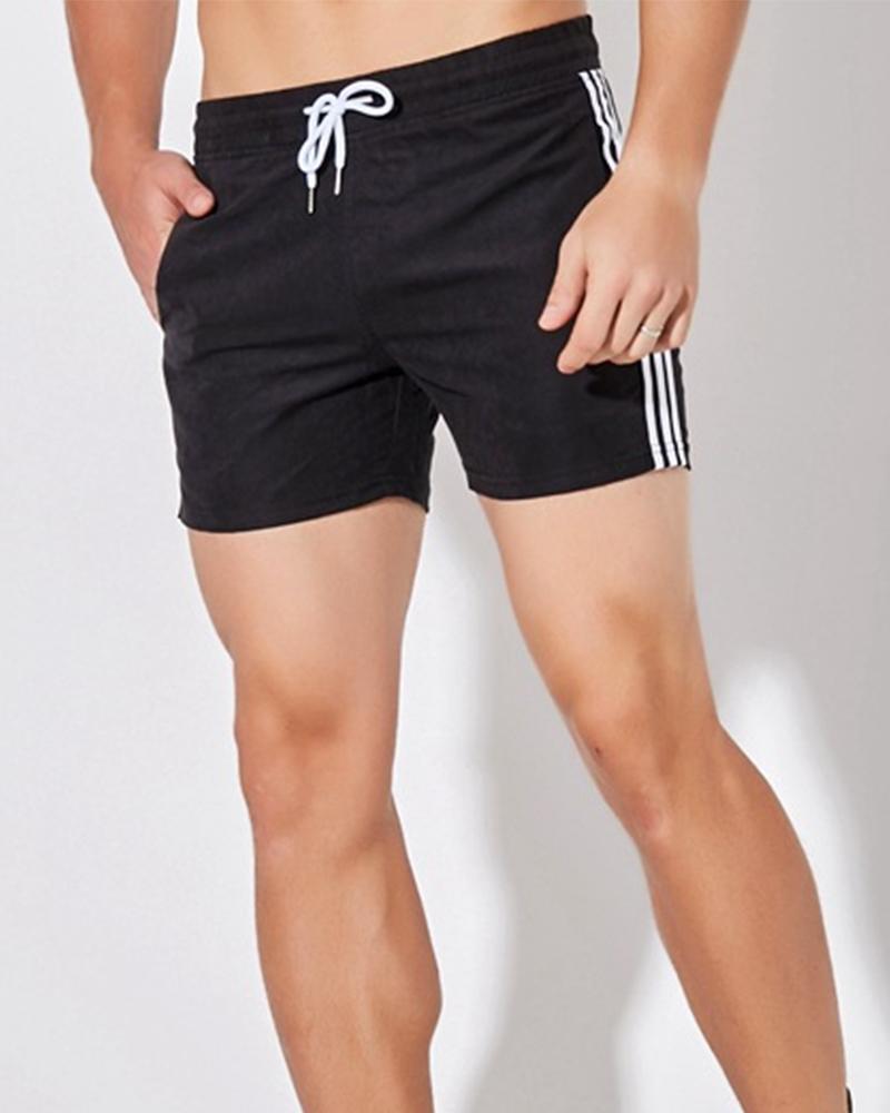 

Solid Color Side Striped Drawstring Short Pants, Black