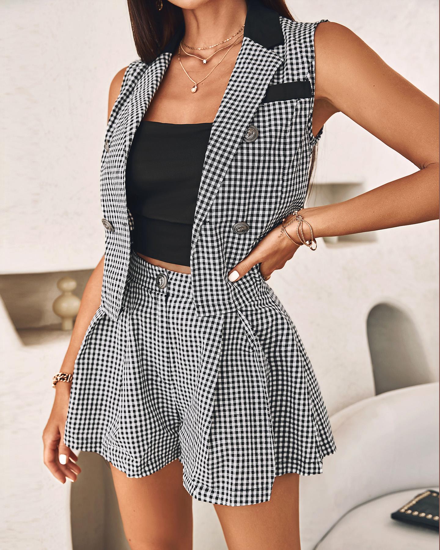 

Plaid Print Buttoned Blazer Top & Shorts Set, Black