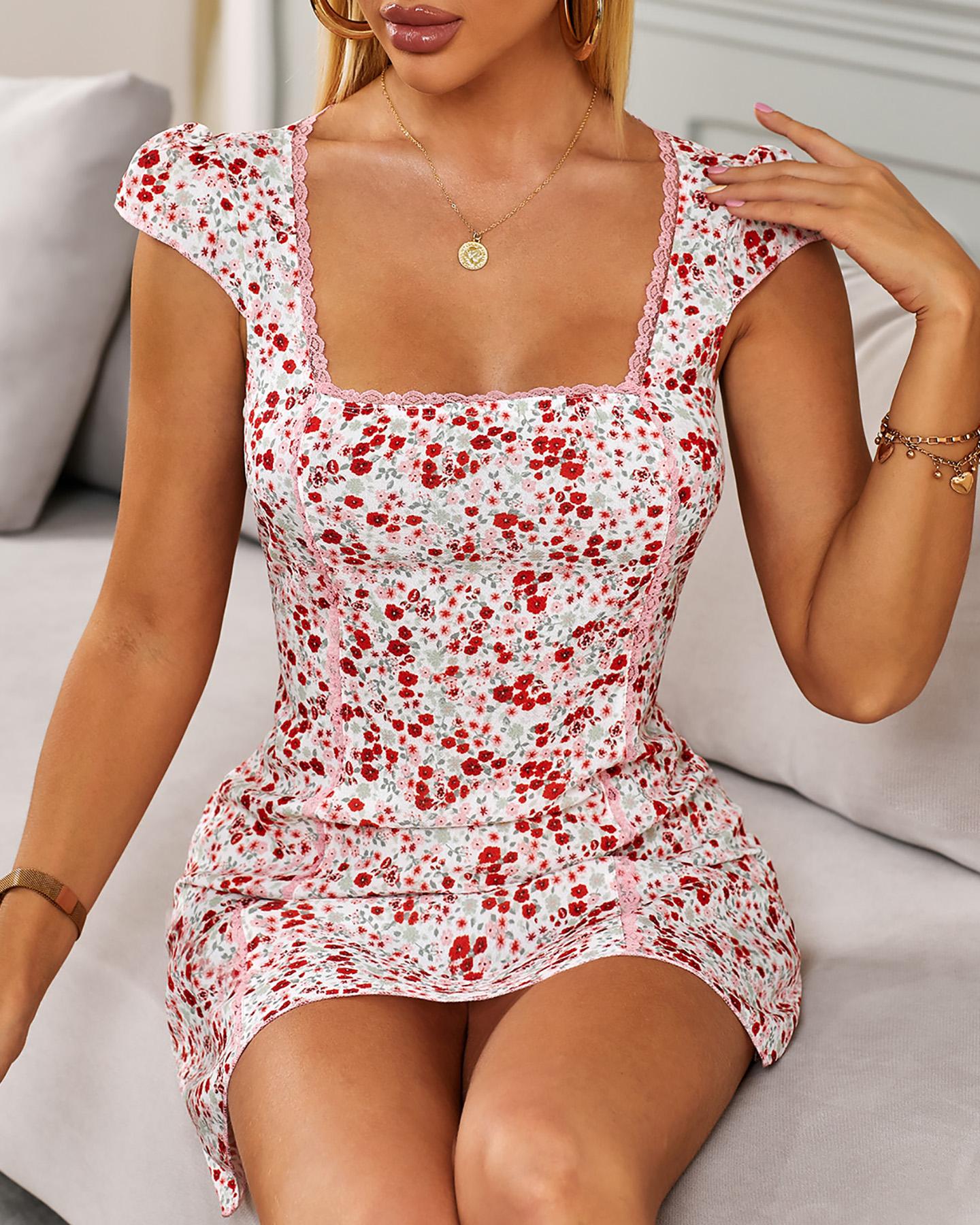 

Lace Trim Square Neck Floral Print Dress, White