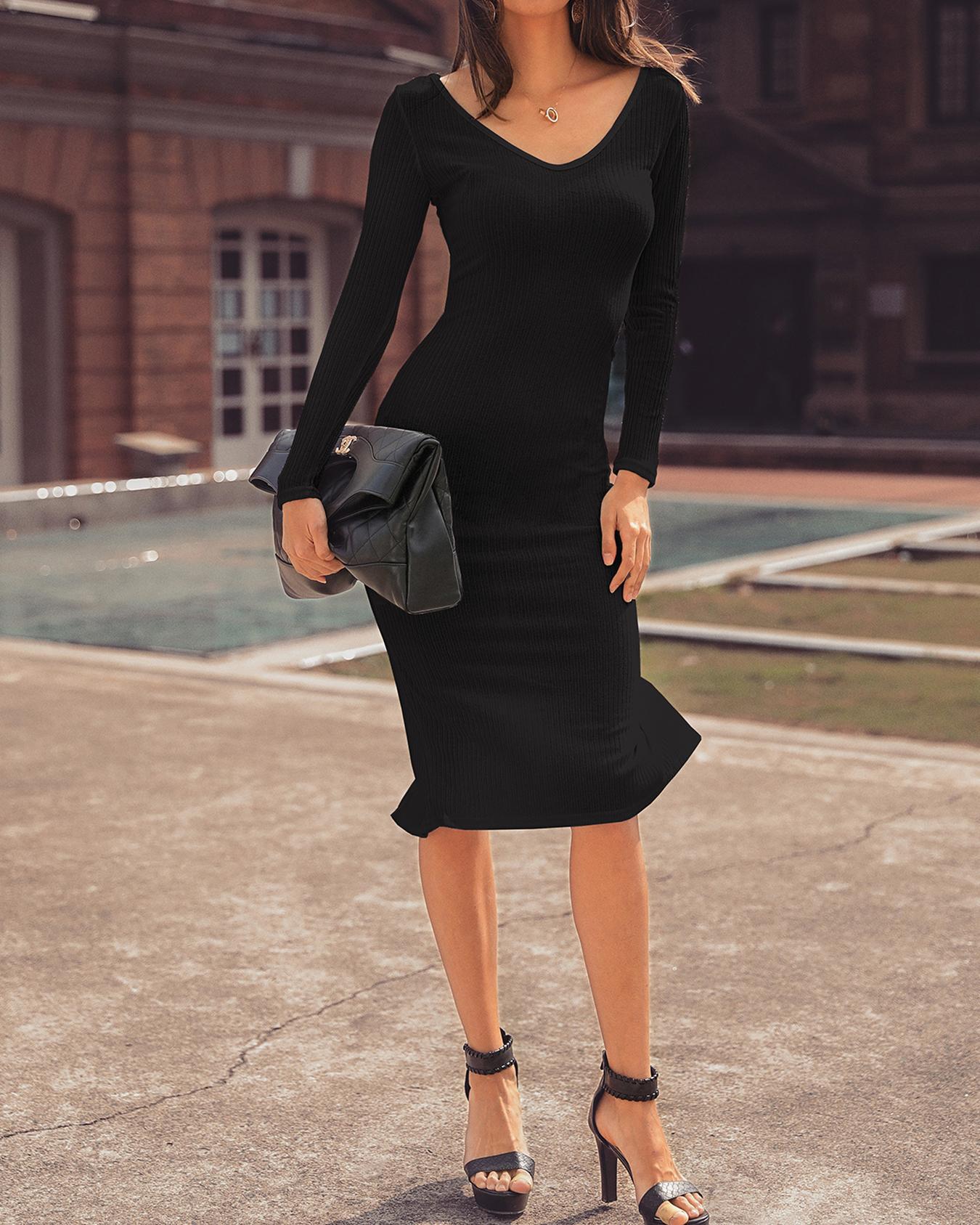 

Ribbed Slit Long Sleeve Skinny Midi Dress, Black