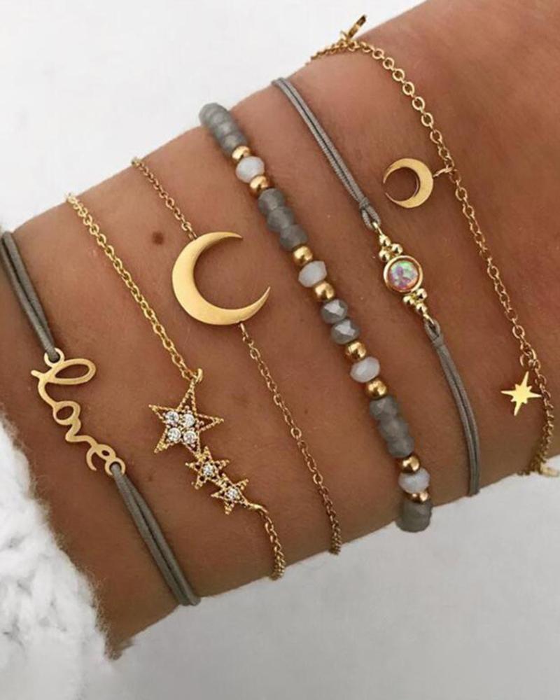 

6pcs Bohemian Beaded Geometric Moon Star Letter Chain Bracelets Set, Gold