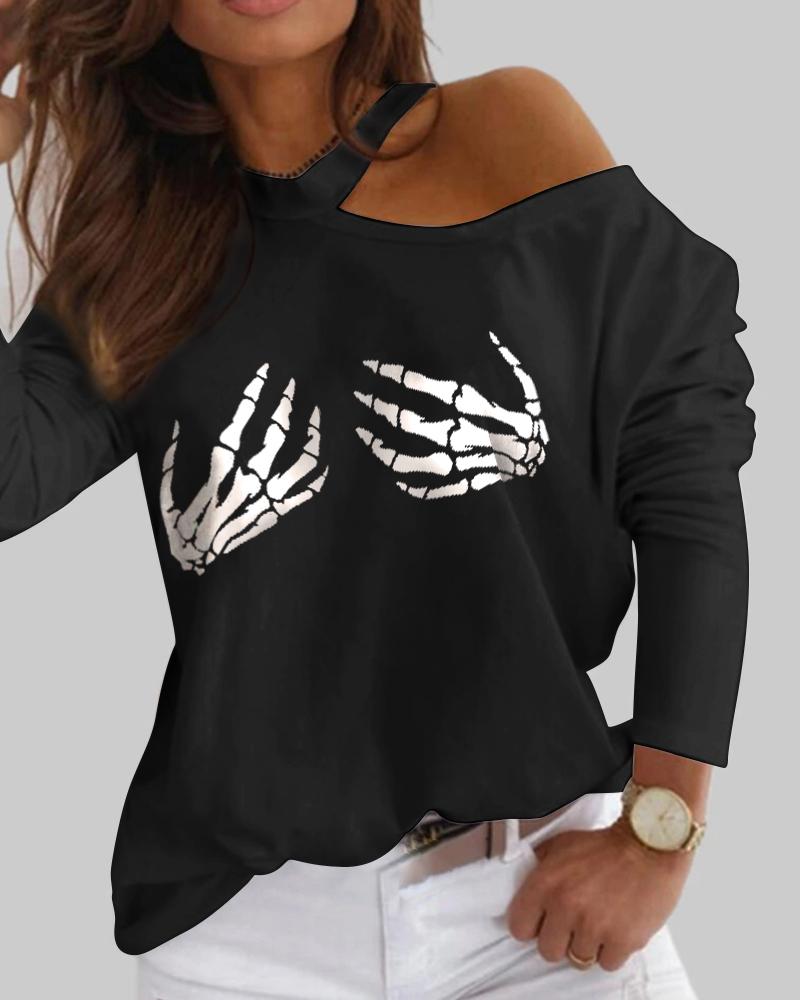 

Halloween Skeleton Print Cutout Top, Black