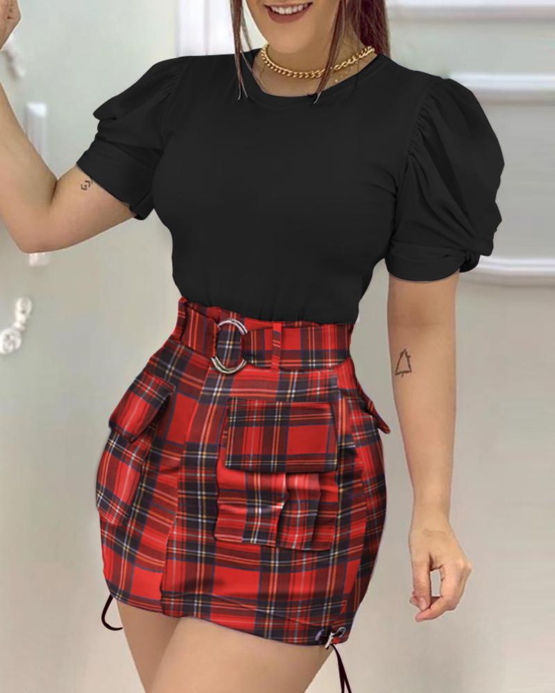 

Puffed Sleeve Top & Plaid Print Pocket Design Skirt Set, Multicolor