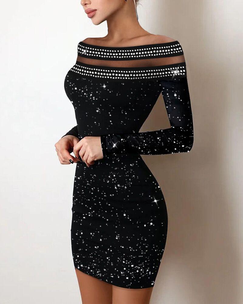 

Rhinestone Off Shoulder Glitter Bodycon Dress, Black