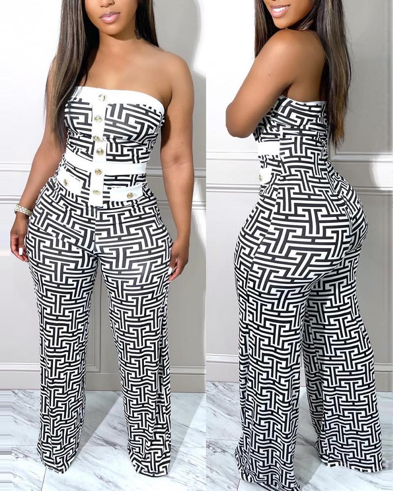 

Geometric Print Button Decor Tube Jumpsuit, Black