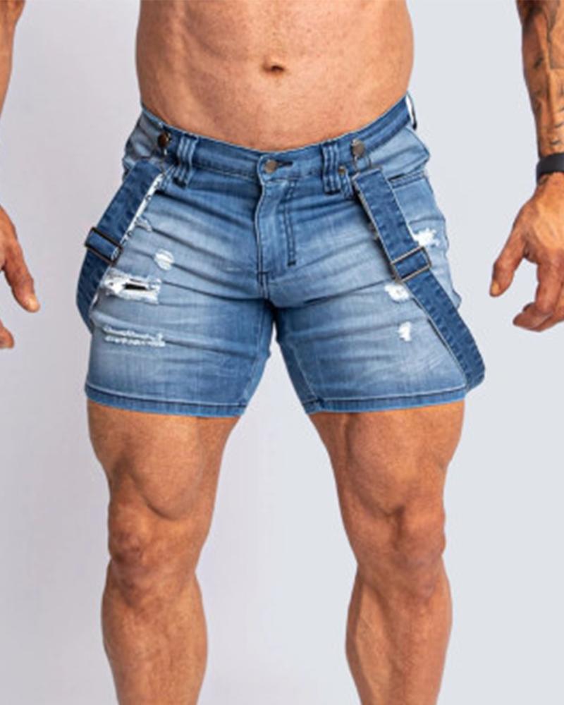 

Solid Washing Effect Slim Overall Denim Shorts, Blue