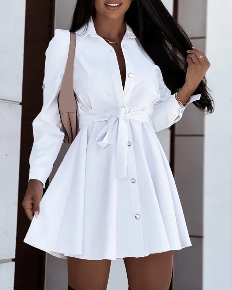 

Long Sleeve Buttoned Shirt Dress With Belt, White