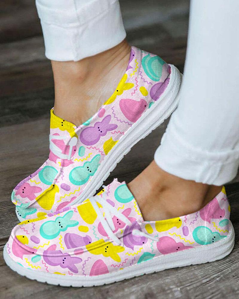 

Easter Bunny Print Lace-up Casual Slip-on, Multicolor