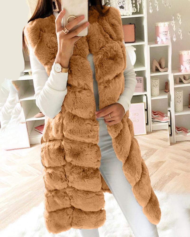 

Sleeveless Open Front Faux Fur Vest Coat, Brown