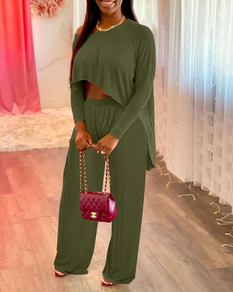

Asymmetrical Crop Top & Wide Leg Pants Set, Green
