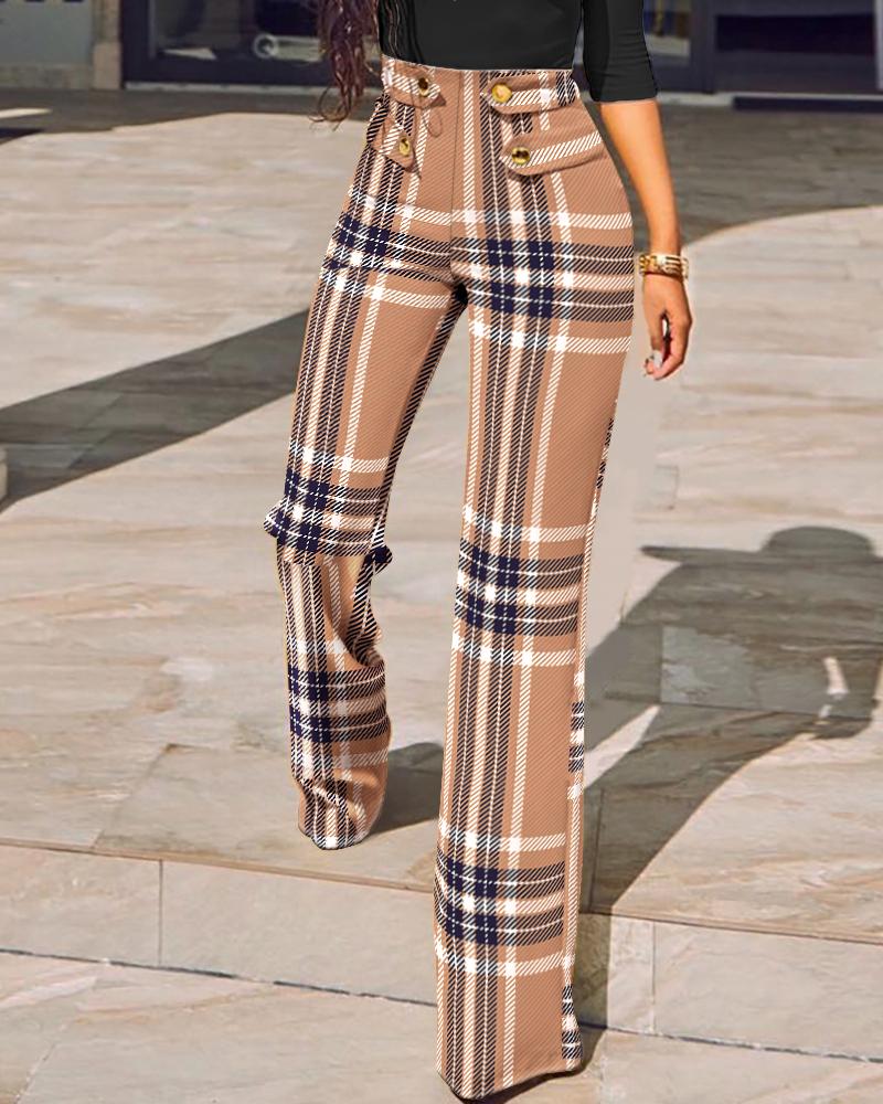 

Plaid Print Buttoned High Waist Straight Leg Tailored Pants, Brown