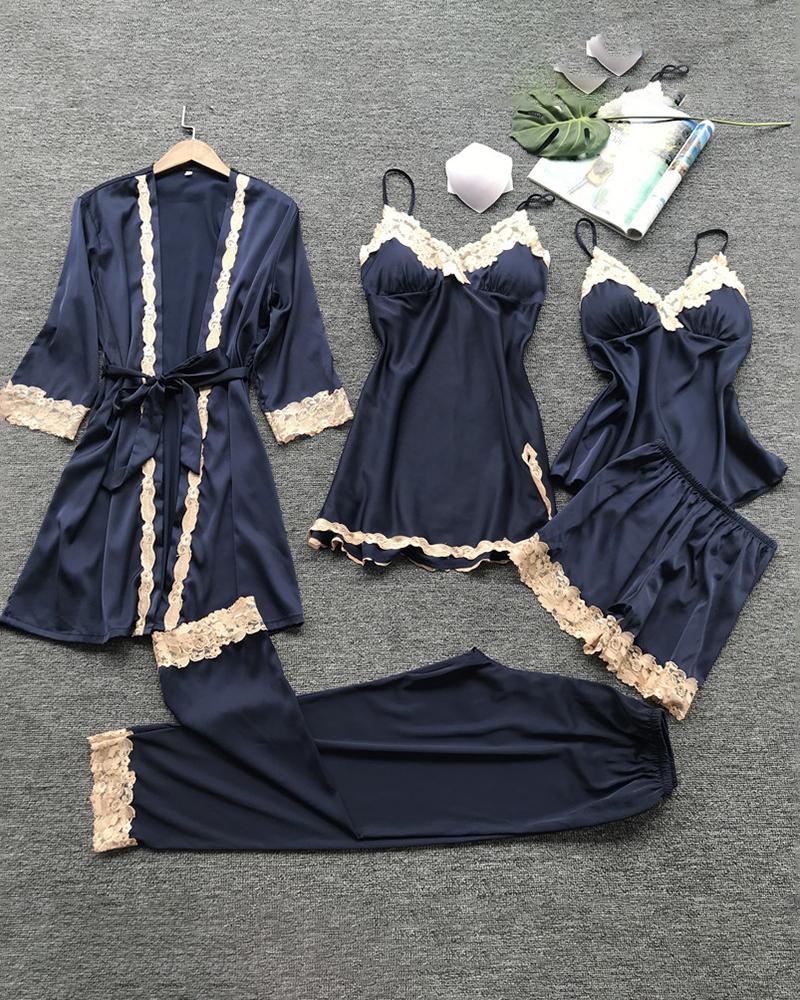 

5PCS Satin Lace Trim Sleepwear Set, Dark blue