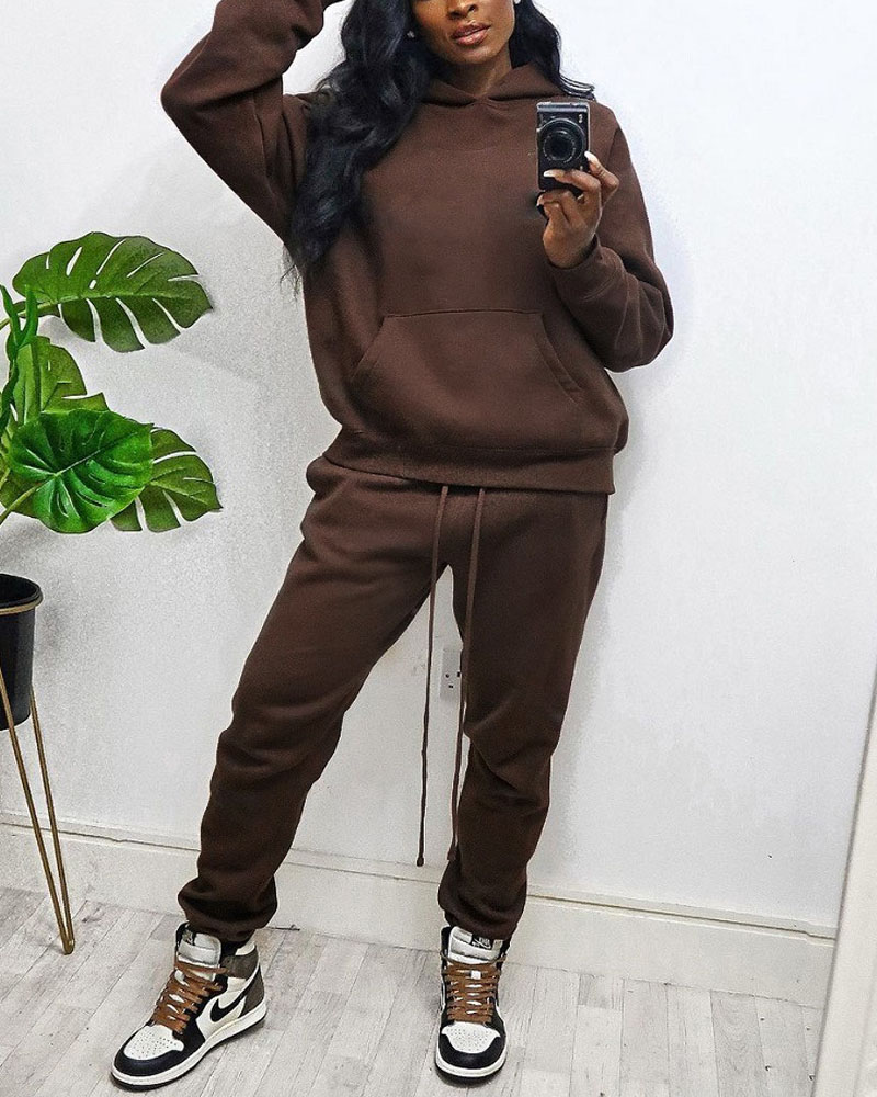

Pocket Detail Hooded Sweatshirt & Drawstring Pants Set, Coffee