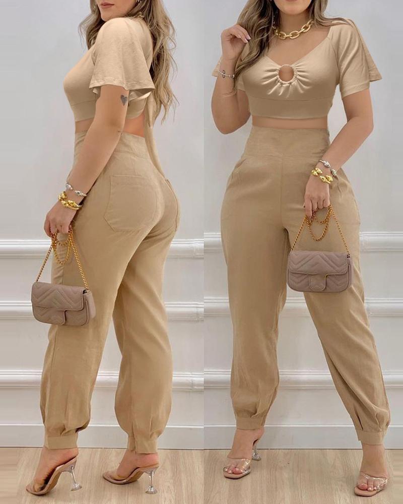 

Ruffle Hem O-Ring Crop Top & Pocket Design Pants Sets, Khaki