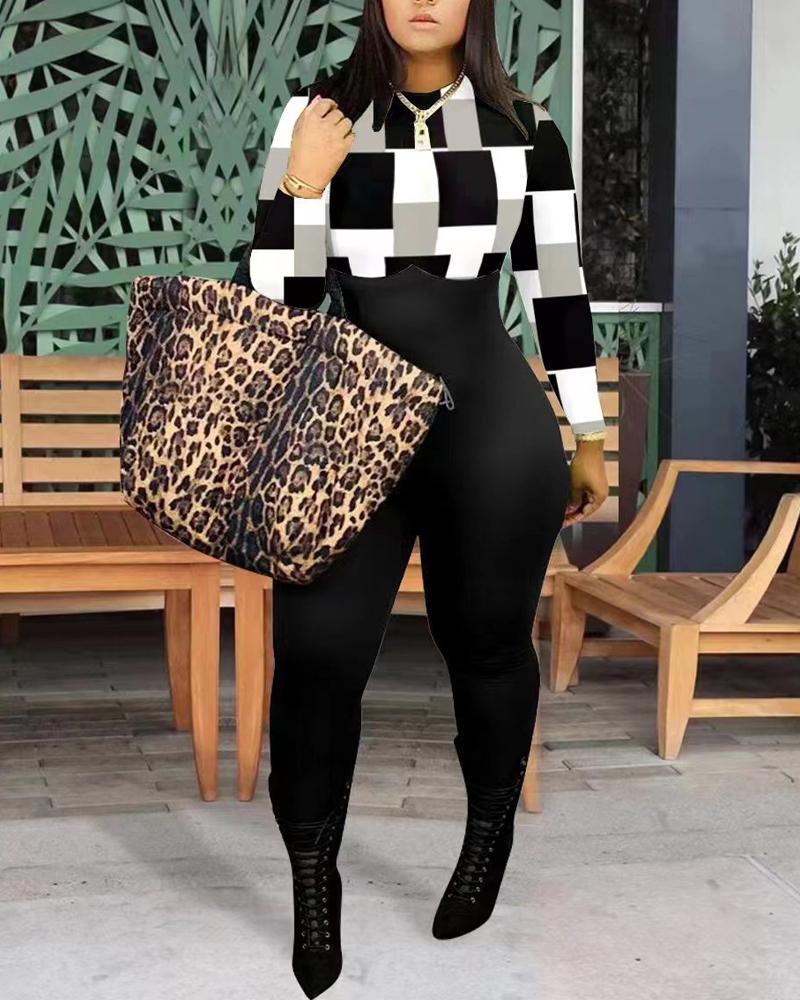 

Plus Size Geometric Print Long Sleeve Jumpsuit, Blackwhite