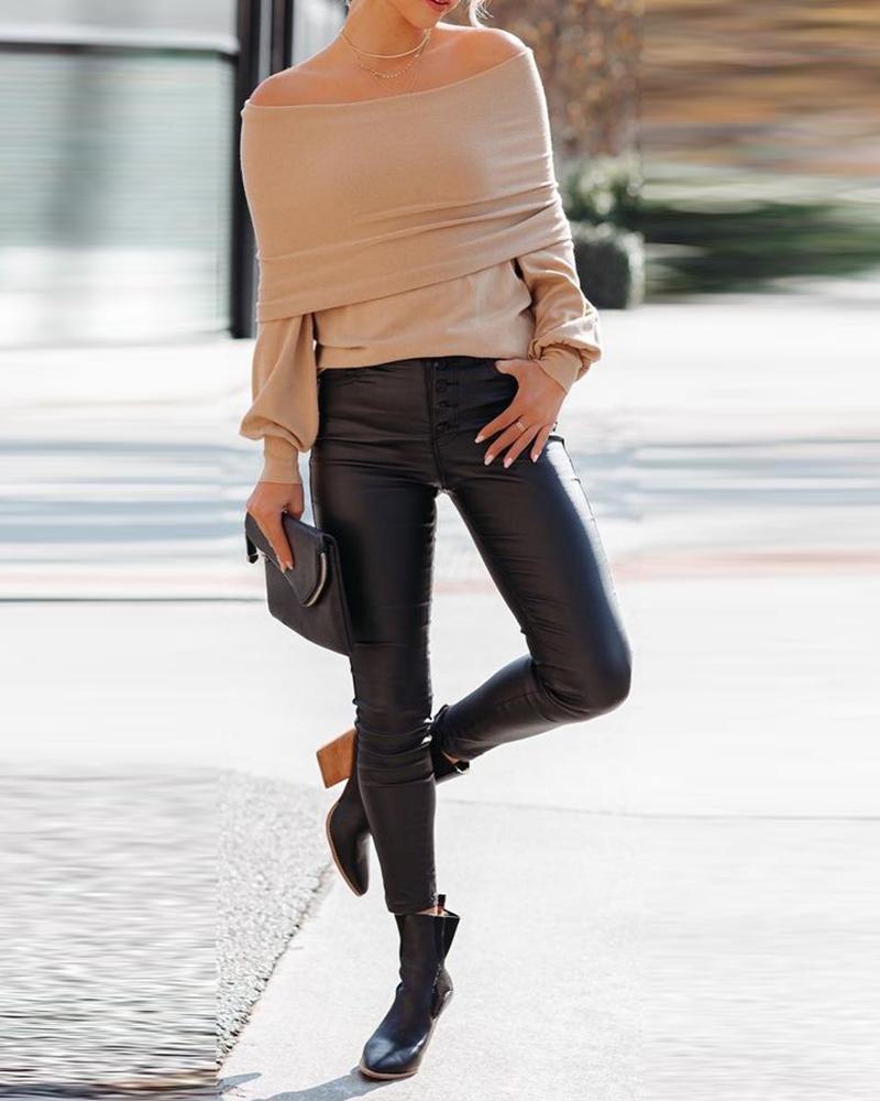 

Off Shoulder Lantern Sleeve Casual Sweater, Khaki