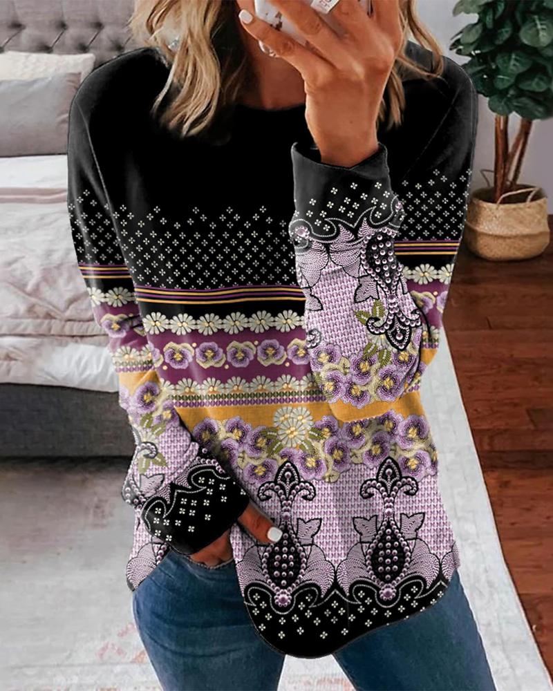 

Tribal Print Long Sleeve Casual Top, Purple
