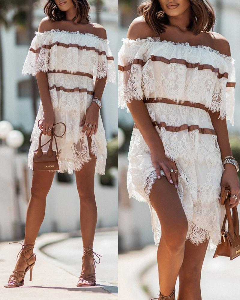 Contrast Paneled Off Shoulder Layered Lace Dress