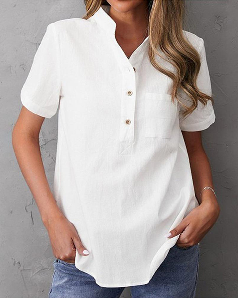 

Stand Collar Pocket Design Buttoned Top, White