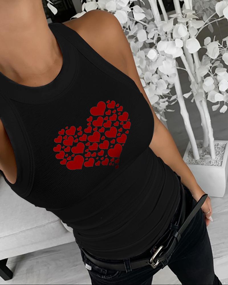 

Summer Sleeveless Basic Cami Top Shirt Slim Knit Ribbed Racerback Blouses Heart Print Tank Tops, Black