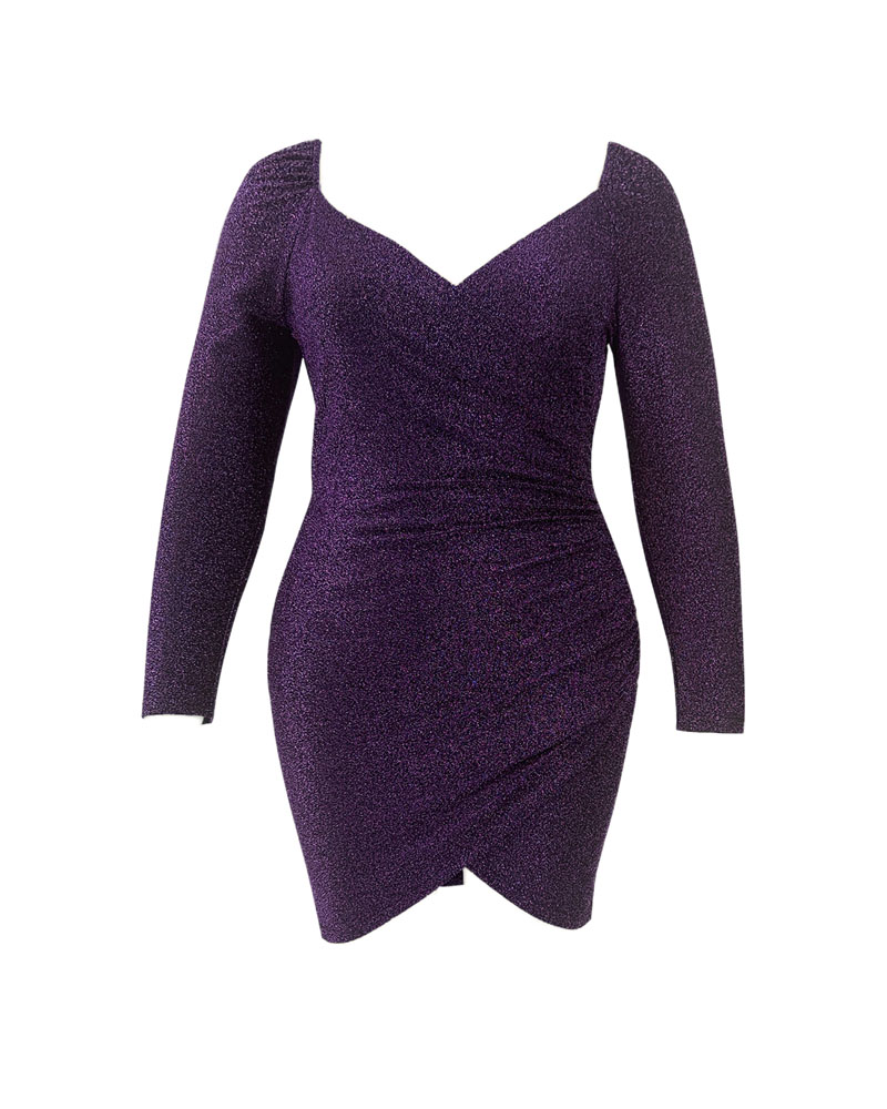 

Plus Size Long Sleeve Glitter Ruched Party Dress, Purple