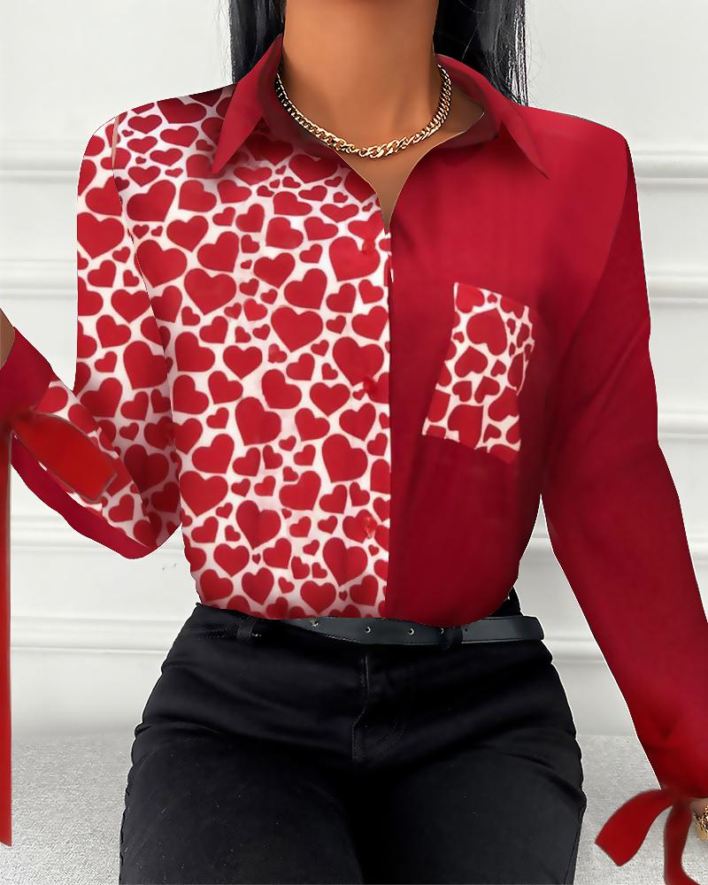 

Valentine' Day Heart Print Tied Detail Button Down Shirt, Red