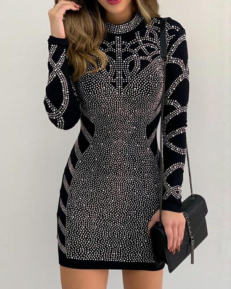 

Long Sleeve High Neck Rhinestone Party Dress Slim Fit Bodycon Dress, Black