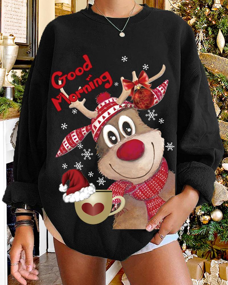 

Christmas O-neck Elk Cup Heart Letter Print Sweatshirt, Black