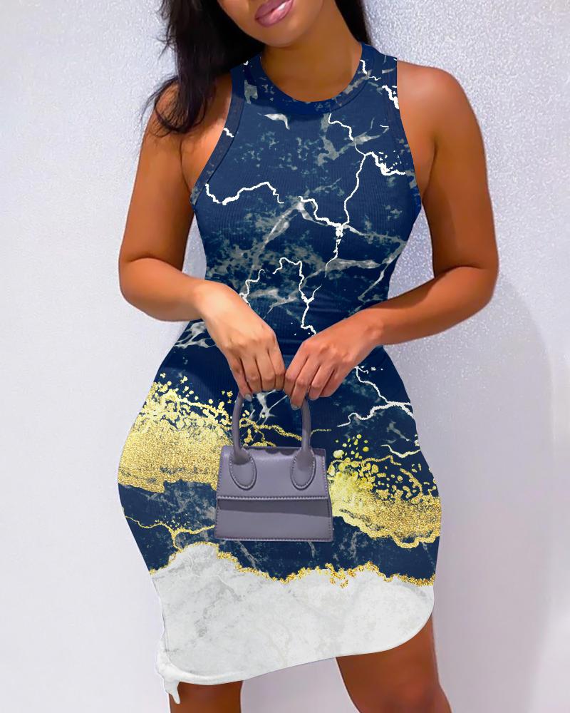 

Marble Print Sleeveless Bodycon Dress, Blue