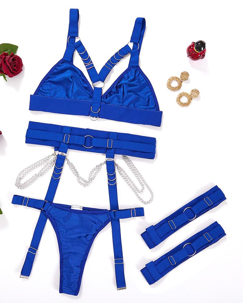 

Chain Decor Garter Lingerie Set, Blue