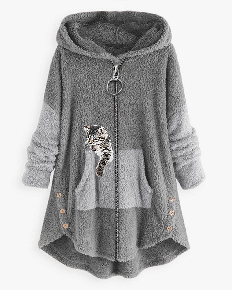 

Cat Print Long Sleeve Hooded Zip Up Teddy Coat, Light gray