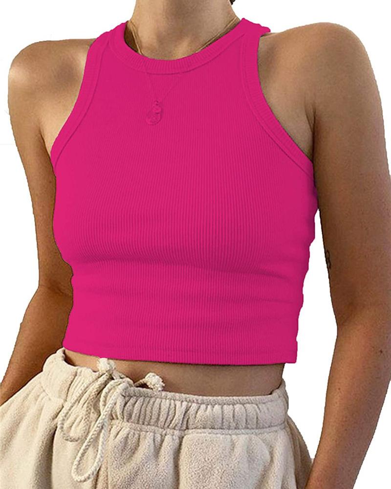 

Crew Neck Crop Basics Tank Top, Hot pink