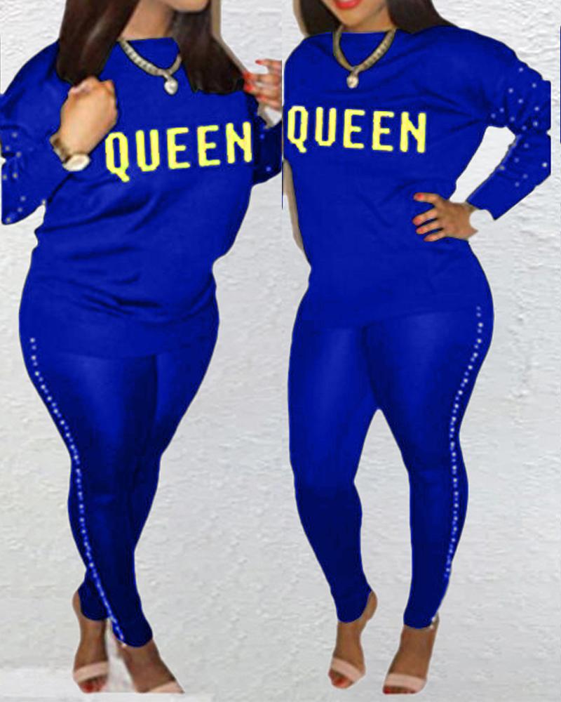 

Plus Size Letter Print Beaded Long Sleeve Top & Pants Set, Blue