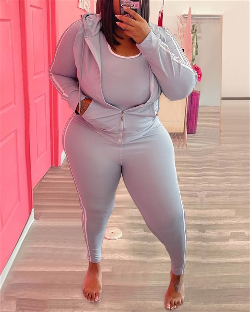 

Plus Size Contrast Paneled Zip Up Hooded Top & Pants Set, Gray