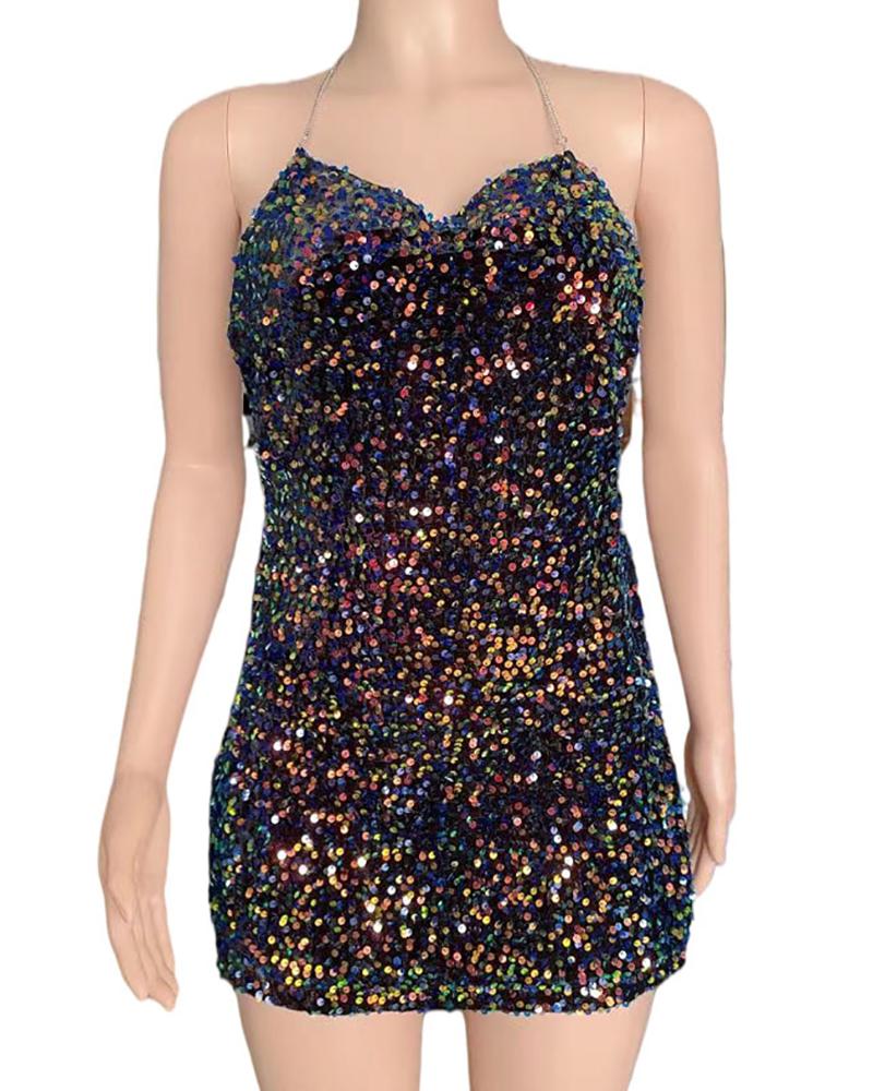 

Halter Chain Strap Backless Sequins Dress, Blue