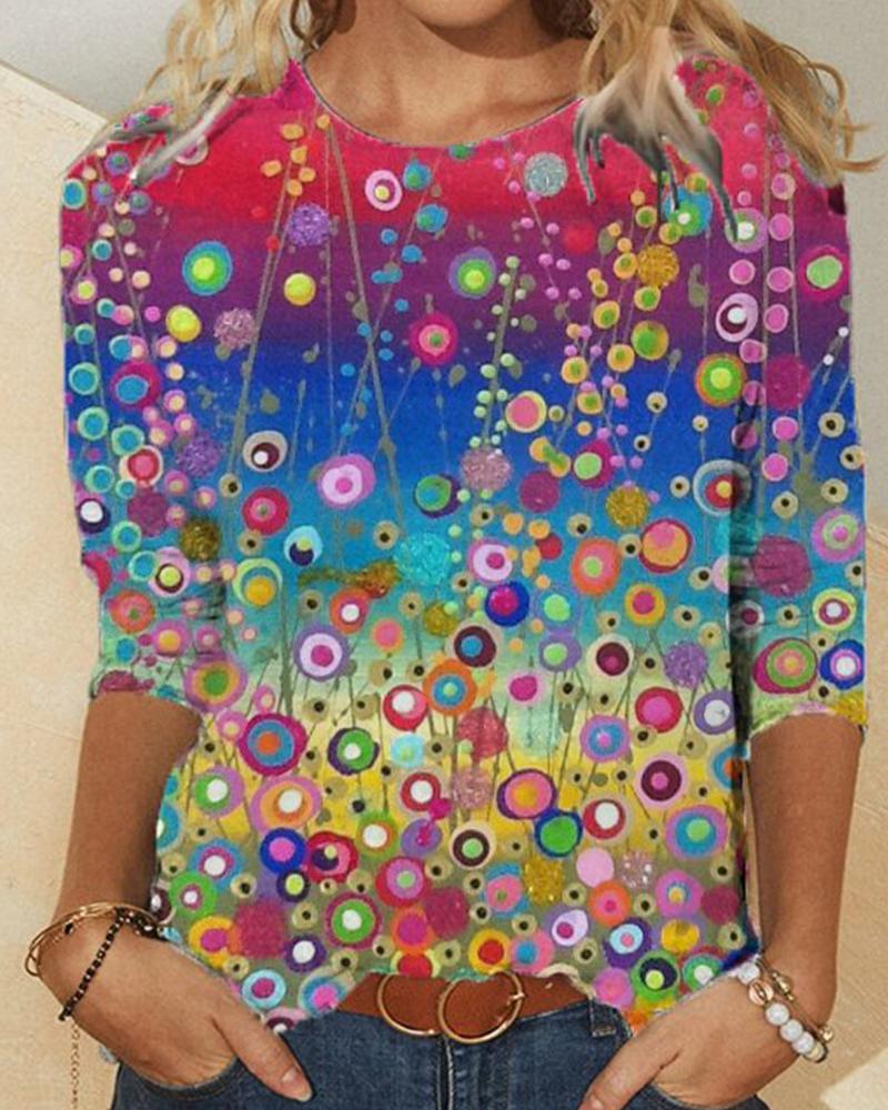 

Multicolor Flower Print Long Sleeve Loose T-shirts, Style1