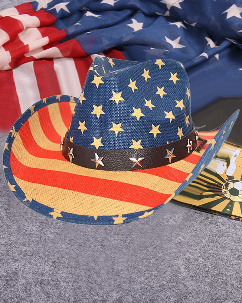 Independence Day Flag Print Cowboy Wide Brim Hat