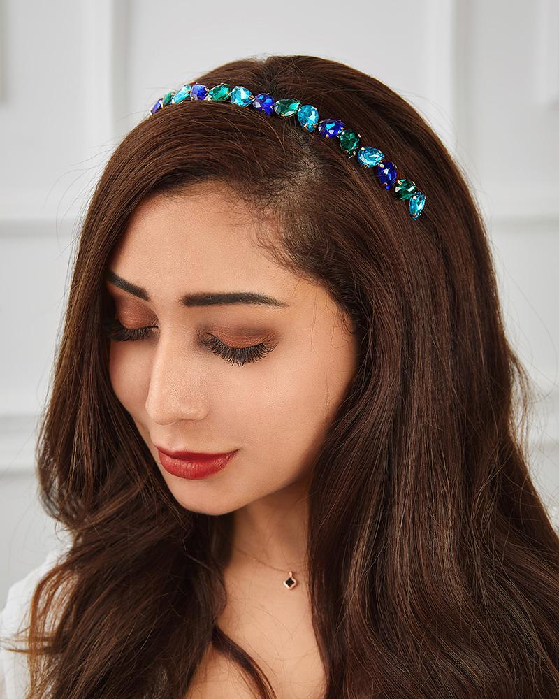 

Drop Shaped Colorful Rhinestone Skinny Headband Thin Hair Hoop Accessory, Blue