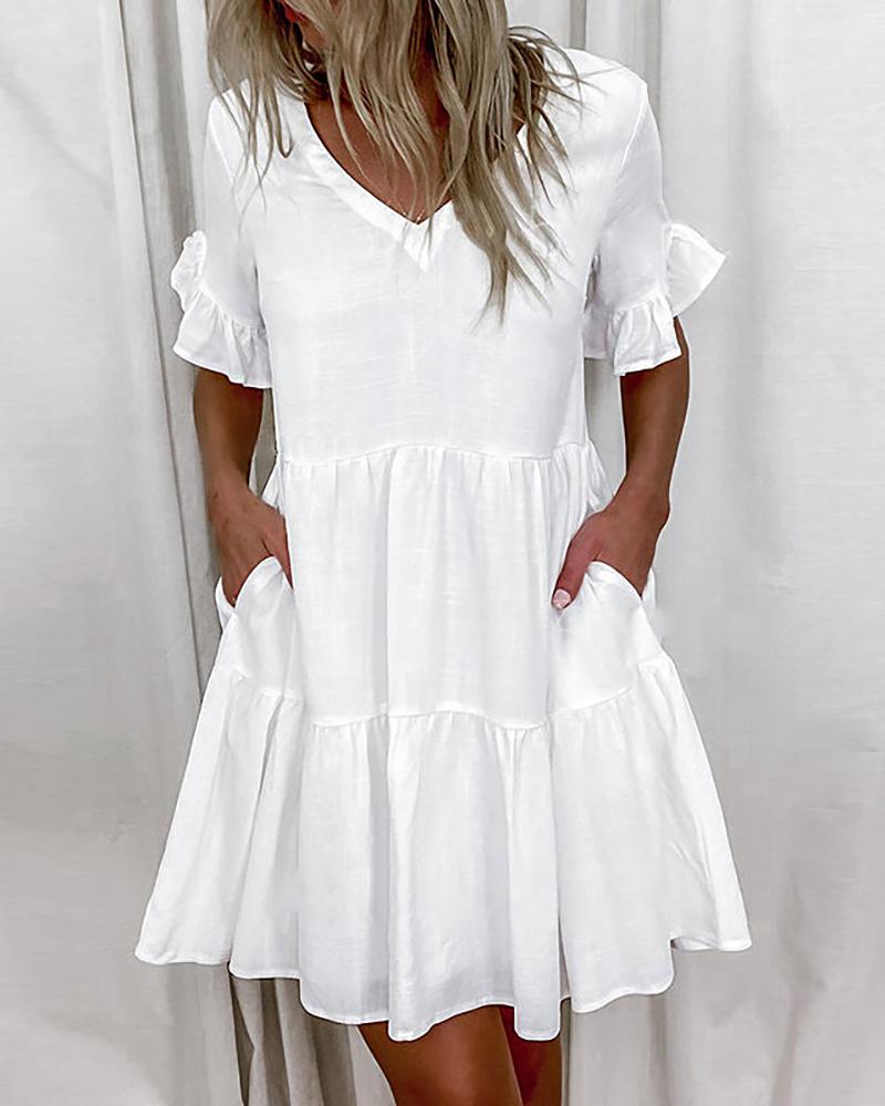 

V Neck Ruffles Hem Plain Casual Dress, White